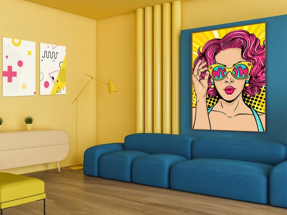 Nội thất Pop Art với màu neon nổi bật và hình ảnh văn hóa pop, năng động và thú vị