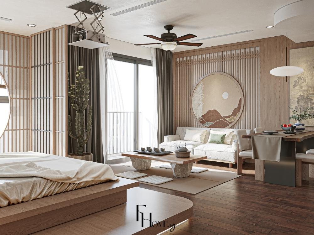 Nội thất bằng gỗ sồi tự nhiên, kết hợp bàn trà và kệ trang trí, tạo cảm giác gần gũi với thiên nhiên