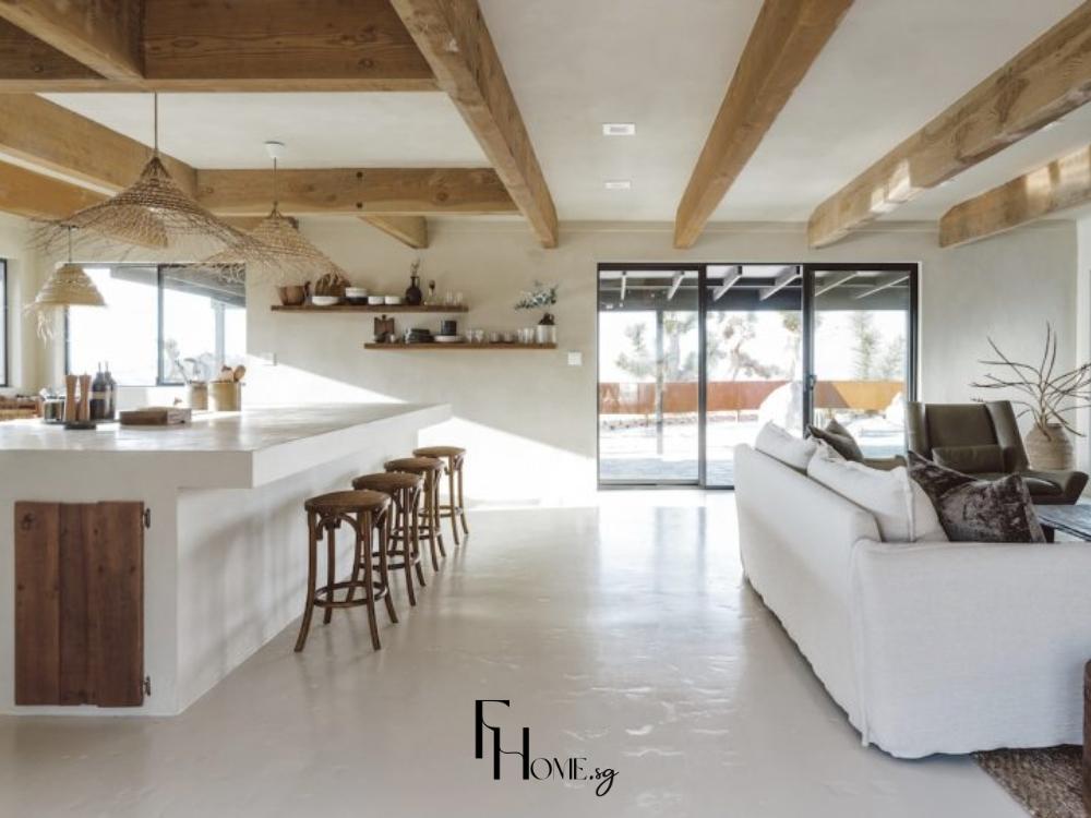 Nội thất biệt thự phong cách Wabi Sabi loại bỏ chi tiết rườm rà, mang đến không gian giản dị, dễ bảo trì và thân thiện với môi trường