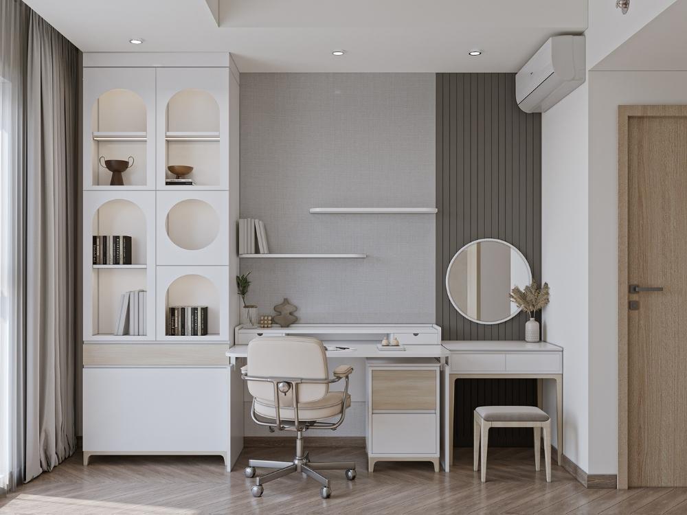 Phòng làm việc với tông màu trắng sang trọng kết hợp bộ bàn gỗ cao cấp