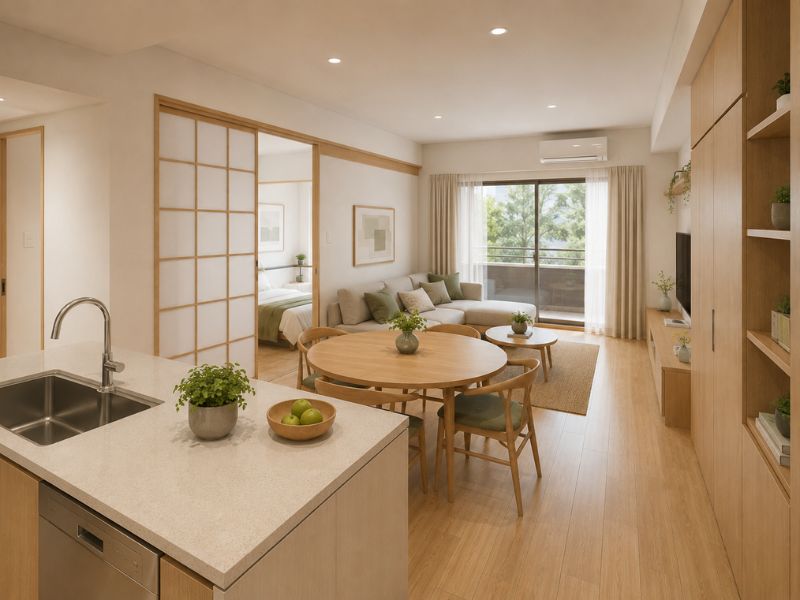 Nội thất chung cư 60m2 phong cách Nhật Bản với phòng khách mở và ban công sáng thoáng