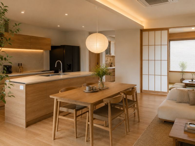 Khu bếp và bàn ăn dùng tông gỗ sáng, ánh sáng ấm và bố cục mở để tạo cảm giác gần gũi trong sinh hoạt gia đình