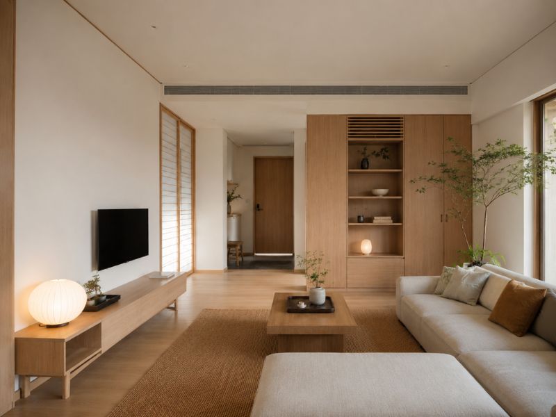 Nội thất chung cư 80m2 phong cách Nhật Bản với phòng khách rộng và hệ tủ gỗ âm tường