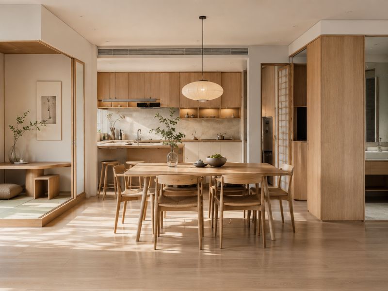 Mẫu bếp và bàn ăn căn hộ 80m2 phong cách Nhật Bản với bố cục mở, sáng thoáng