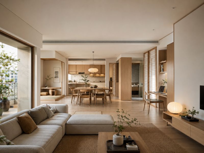 Nội thất chung cư phong cách Nhật Bản 80m2 có không gian sinh hoạt rộng, liên kết phòng khách, bàn ăn và góc trà nhỏ để tạo cảm giác thoáng đãng, thư thái