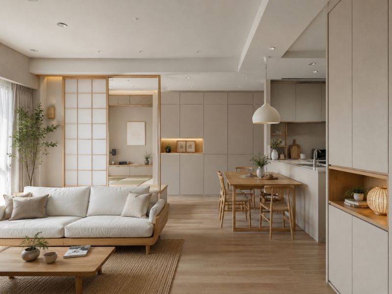 Nội thất chung cư phong cách Nhật Bản với hệ tủ lưu trữ âm tường, sofa thấp và không gian khách bếp gọn gàng