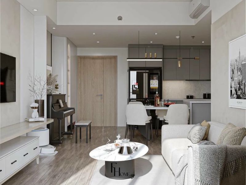 Nội thất đa năng cho phòng khách thất chung cư 65m2 liền bếp sofa xám bàn trà đá trắng và tủ bếp xám