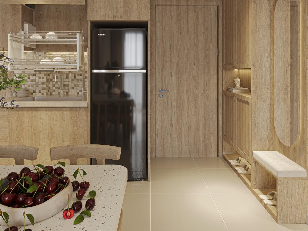 Nội thất đơn giản, màu sắc trung tính và ánh sáng dịu nhẹ tạo không gian bình yên, thư giãn