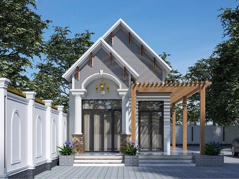 Nhà phố 5x20m mái thái sử dụng vật liệu tự nhiên như gỗ, mây, tre để tạo sự hài hòa và đối xứng