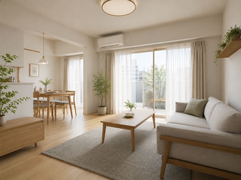 Thiết kế nội thất chung cư phong cách Nhật Bản với gam màu trung tính, rèm trắng và nội thất gỗ sáng