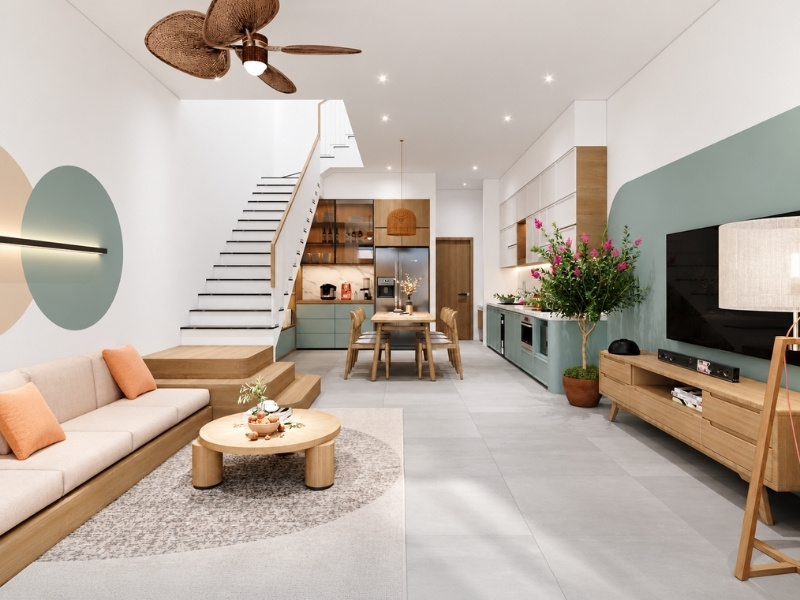 Thiết kế thất phòng khách nhà phố 2 tầng 100m2 với quạt trần cánh cọ