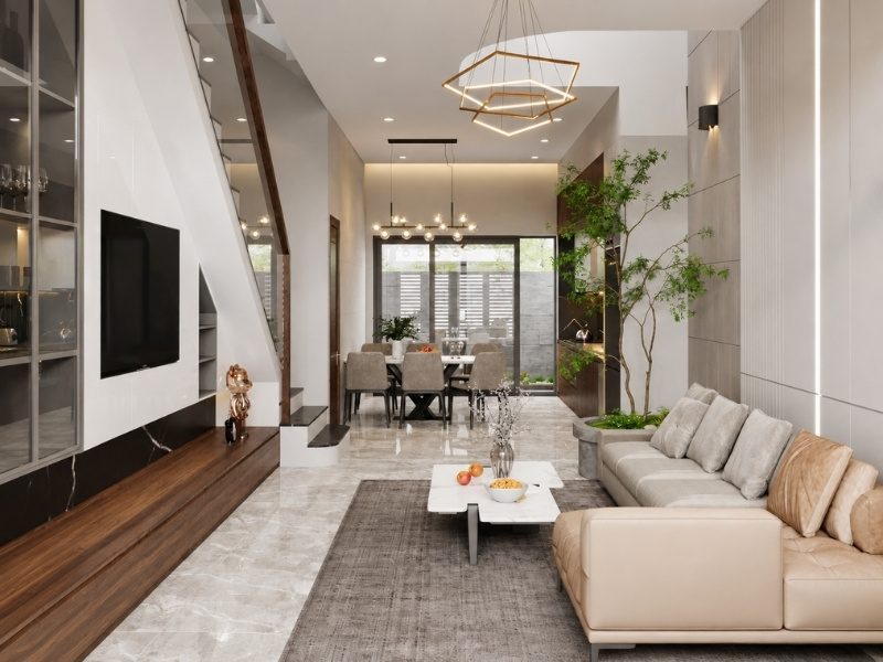 Nội thất phòng khách nhà phố 2 tầng 5x15m đèn chùm lục giác sang trọng