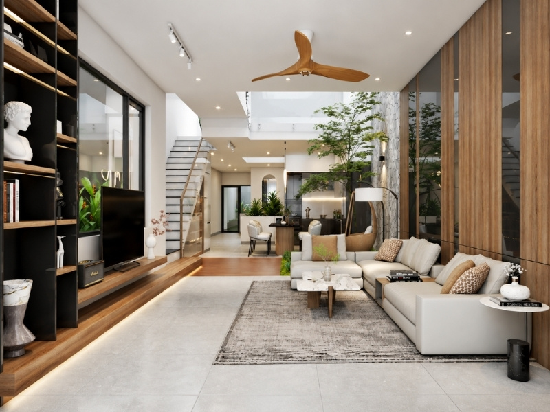 Nội thất phòng khách nhà phố 2 tầng 70m2 thông tầng cây xanh