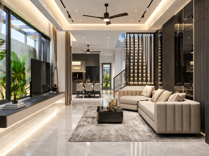 Nội thất phòng khách nhà phố 2 tầng ngang 6m trần giật cấp