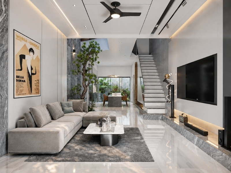 Nội thất phòng khách nhà phố 5x20 phong cách hiện đại với bệ đá cẩm thạch xám và giếng trời xanh