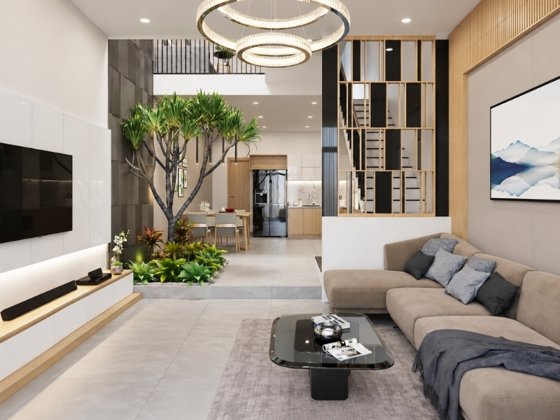 Nội thất phòng khách nhà phố 5x20m 2 tầng thông tầng giếng trời trồng cây xanh