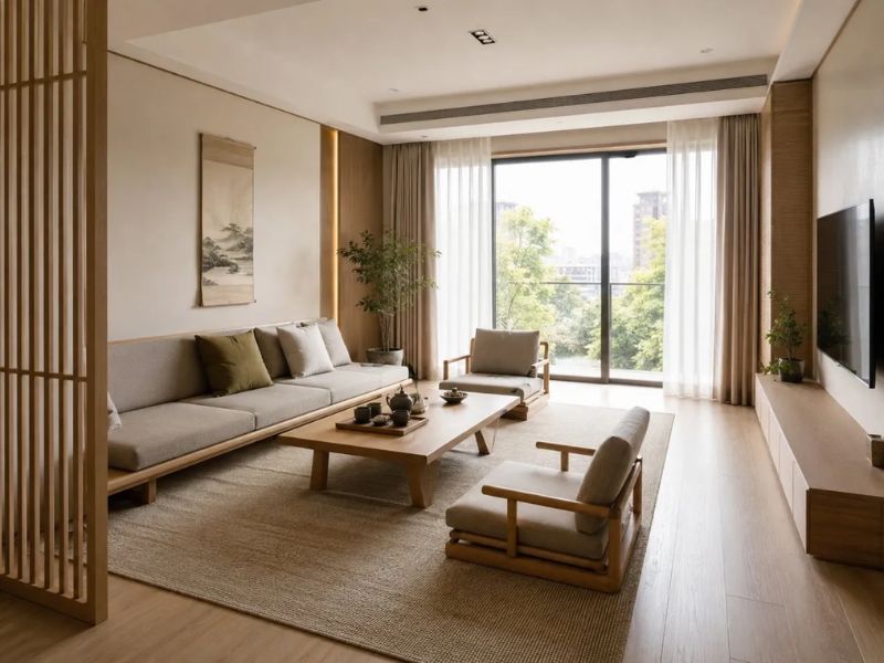 Nội thất phòng khách phong cách Nhật Bản bộ bàn ghế thấp sofa gỗ vải xám thấp ghế đơn gỗ bàn trà gỗ thấp vách lam gỗ kệ tivi thấp cửa sổ lớn view xanh