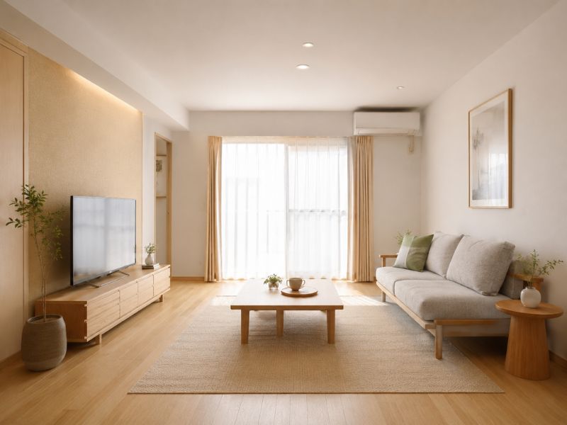 Nội thất phòng khách phong cách Nhật Bản giữ khoảng trống với sofa thấp, bàn trà gỗ và ánh sáng tự nhiên
