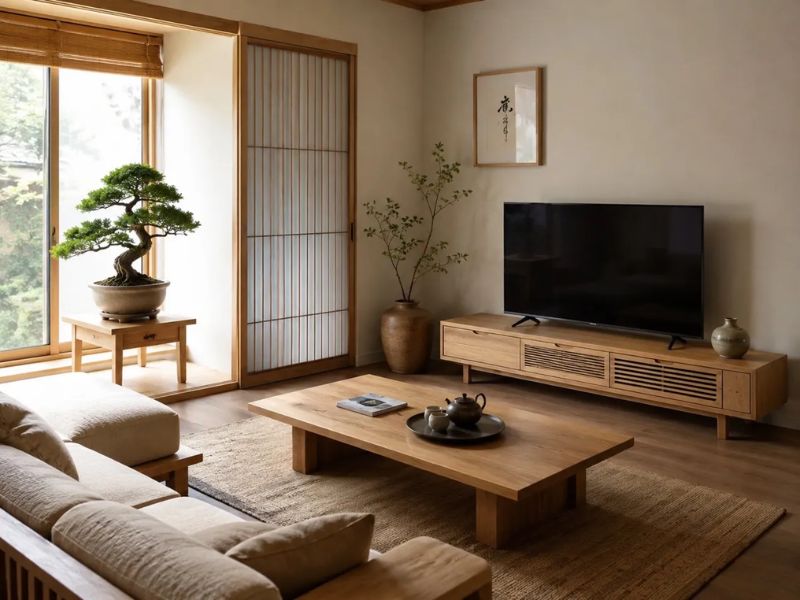 Nội thất phòng khách phong cách Nhật Bản sử dụng cây bonsai làm điểm nhấn cạnh cửa sổ, kết hợp bàn trà gỗ và ánh sáng tự nhiên dịu nhẹ