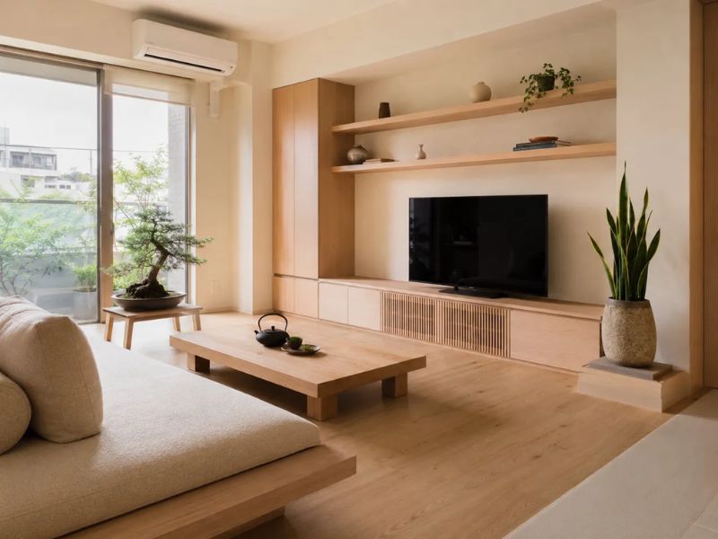 Nội thất phòng khách phong cách Nhật Bản hiện đại sử dụng cây xanh cạnh ban công và kệ tivi gỗ để tạo cảm giác tự nhiên, thoáng sáng
