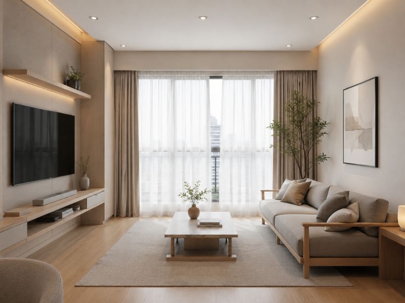 Nội thất phòng khách phong cách Nhật Bản kết hợp yếu tố hiện đại với sofa sáng màu, bàn trà thấp và rèm cửa lớn