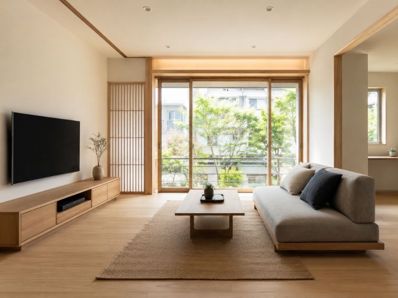 Nội thất phòng khách phong cách Nhật Bản tối giản với khoảng trống rộng, sofa thấp và cửa kính lớn