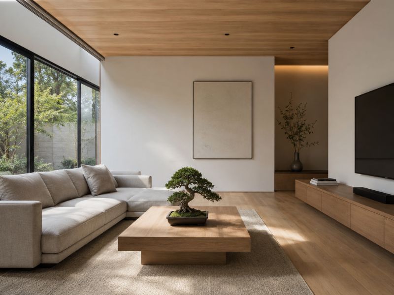 Nội thất phòng khách phong cách Nhật Bản tối giản với bàn trà gỗ thấp, sofa sáng màu và cây bonsai làm điểm nhấn