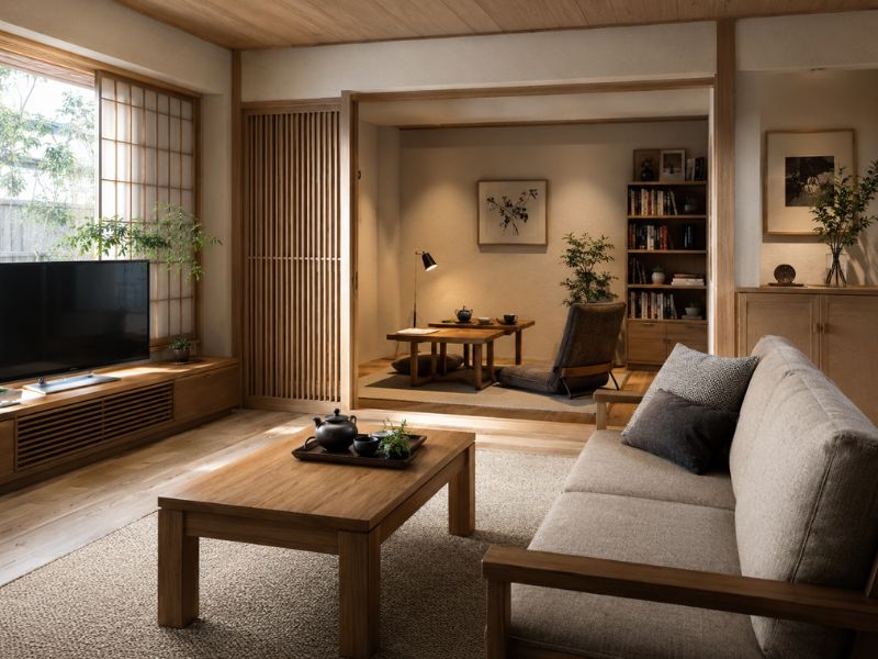 Nội thất phòng khách phong cách Nhật Bản với bàn trà thấp, sofa êm và góc trà phù hợp thói quen sinh hoạt gia đình
