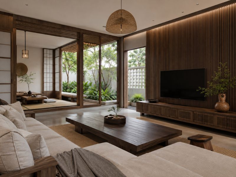 Nội thất phòng khách phong cách Nhật Bản với gỗ tự nhiên, vách lam và cửa mở thoáng phù hợp khí hậu TP.HCM