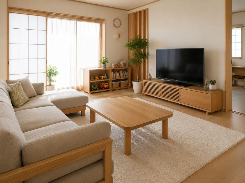 Nội thất phòng khách phong cách Nhật Bản với sofa thấp, bàn trà gỗ bo góc và kệ lưu trữ cho gia đình có trẻ nhỏ