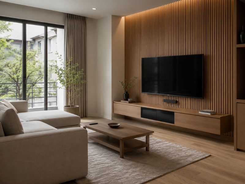 Nội thất phòng khách phong cách Nhật Bản với vách lam gỗ, kệ tivi thấp và bố cục gọn gàng