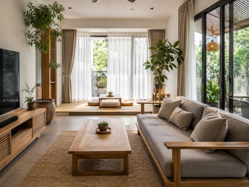 Nội thất phòng khách phong cách Nhật Bản sử dụng gỗ, mây và cây xanh phù hợp khí hậu nóng ẩm TP.HCM