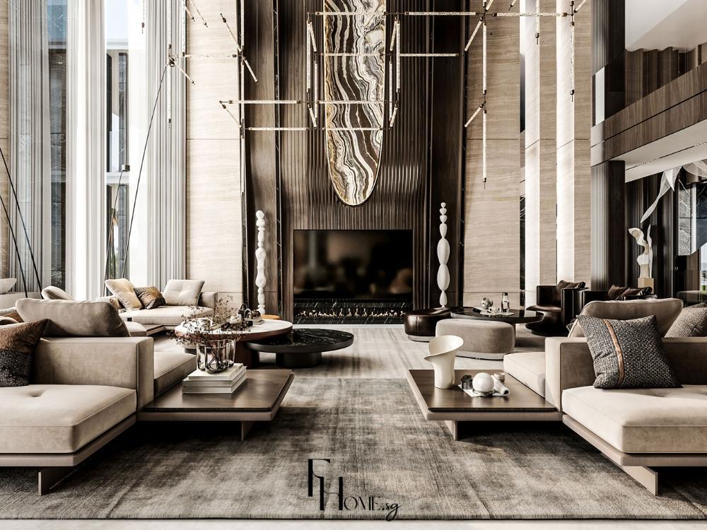 Nội thất phòng khách sử dụng vật liệu cao cấp như da bò thật, đá marble cho mặt bàn và gỗ tự nhiên, mang đến vẻ đẹp tinh tế và đẳng cấp