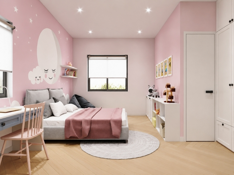 Nội thất phòng ngủ bé gái nhà phố 5x20 phong cách Scandinavian tông hồng pastel đám mây