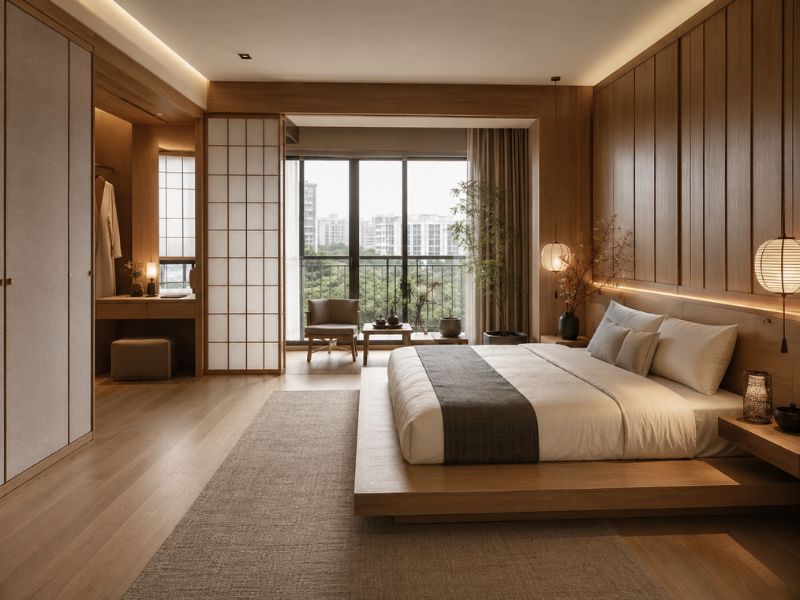 Nội thất phòng ngủ phong cách Nhật Bản master với cửa lùa Shoji, giường thấp và ban công thoáng