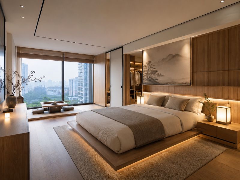 Nội thất phòng ngủ phong cách Nhật Bản master với giường thấp, đèn ngủ và khu ngồi trà sát cửa kính