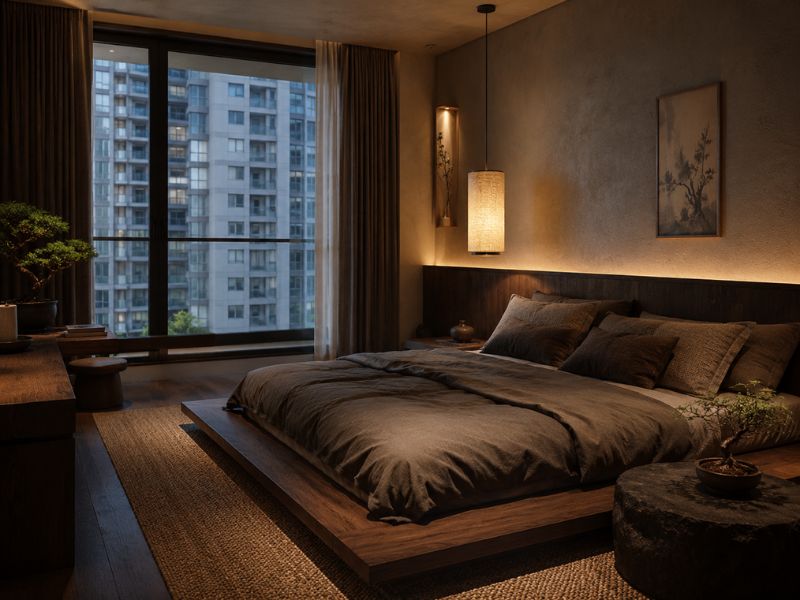 Nội thất phòng ngủ phong cách Nhật Bản trầm ấm với giường thấp, đèn thả và tông gỗ nâu đậm