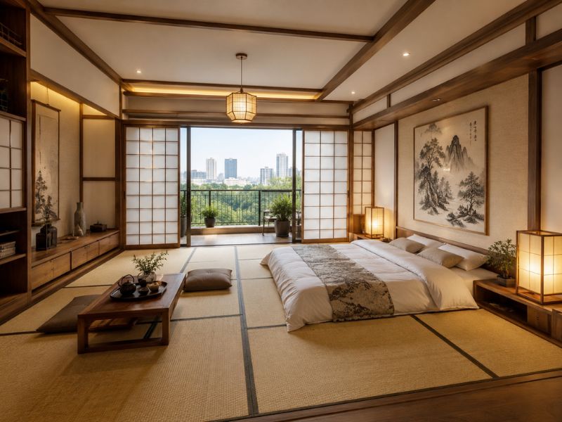 Nội thất phòng ngủ phong cách Nhật Bản truyền thống với tranh treo, bàn trà thấp và sàn Tatami