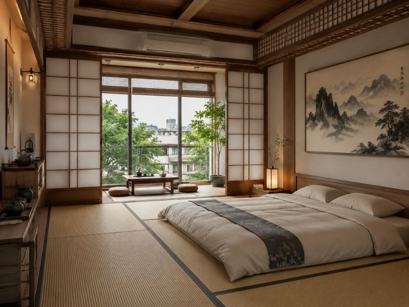 Nội thất phòng ngủ phong cách Nhật Bản truyền thống với cửa lùa Shoji, chiếu Tatami và góc ngồi trà cạnh cửa sổ
