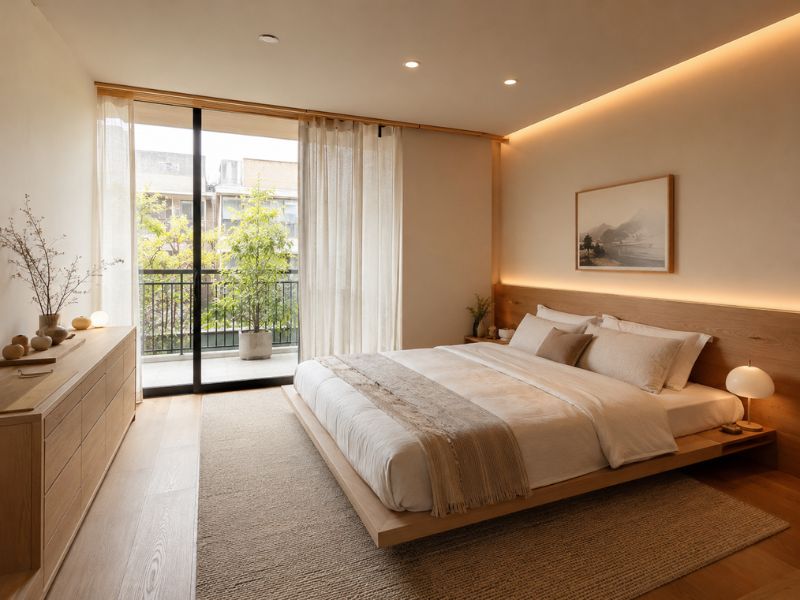 Nội thất phòng ngủ phong cách Nhật Bản với gỗ sáng, giường bệt và ánh sáng hắt đầu giường
