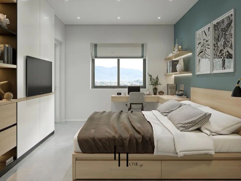 Phòng ngủ chung cư 45m2 nội thất đa năng, giường gỗ sồi tích hợp ngăn kéo gầm, tủ âm tường trắng và kệ mở gỗ 