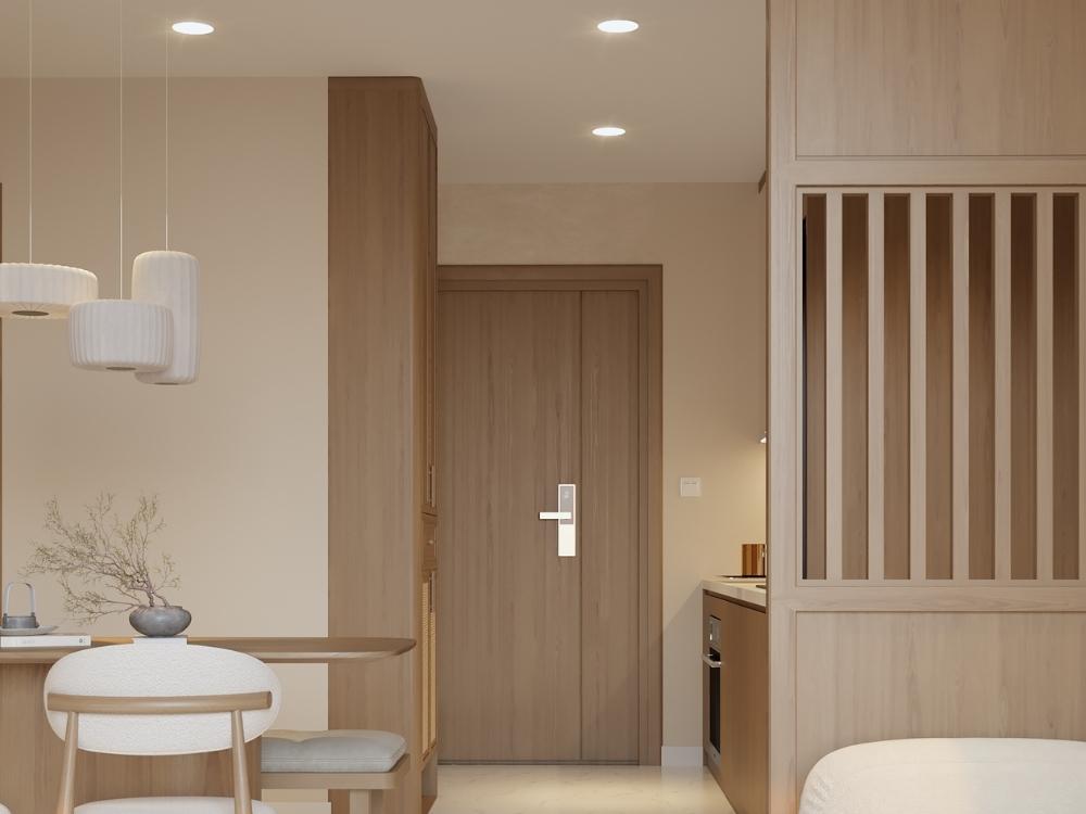 Nội thất tối giản, màu sắc trung tính như be và nâu nhạt, mang lại cảm giác cân bằng và hài hòa