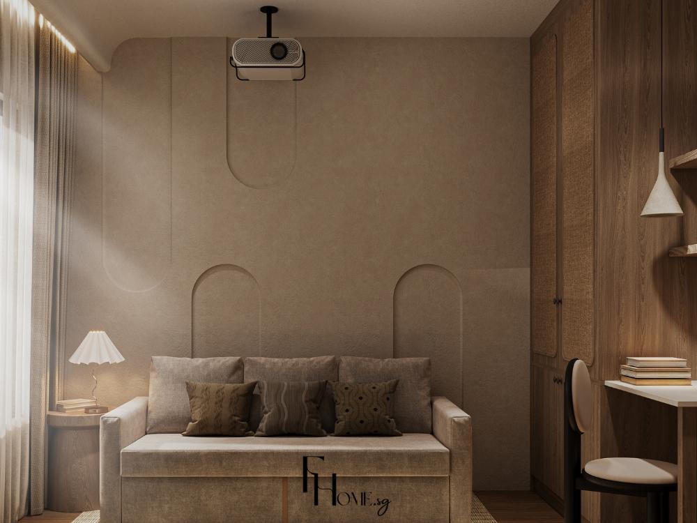 Phòng khách phong cách Wabi Sabi với bề mặt gỗ thô, đá tự nhiên, gạch nung không tráng men và xi măng thô. Kết cấu thô ráp tạo sự tương phản, mang lại cảm giác gần gũi, chân thật