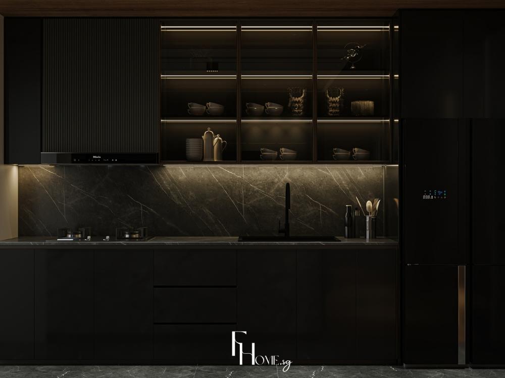 Phòng bếp hiện đại, thiết kế mở với tông màu đen sang trọng