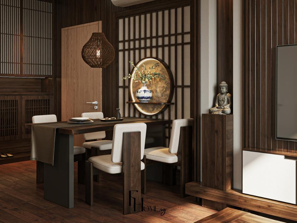 Phòng bếp phong cách zen với bàn ăn gỗ tối màu mang đến không gian thư giãn.