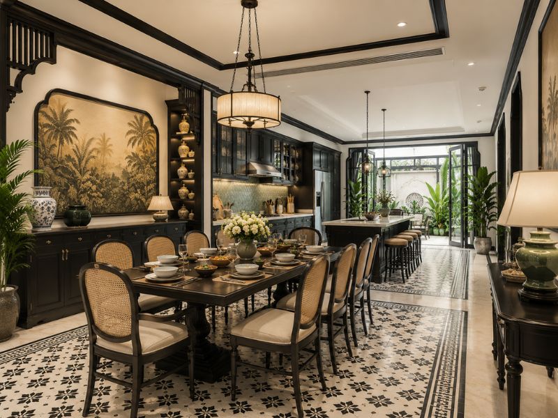 Phòng ăn liền bếp phong cách thiết kế nội thất chung cư Indochine với bàn ăn dài, tủ trang trí gỗ đen và cửa mở ra sân trong xanh mát