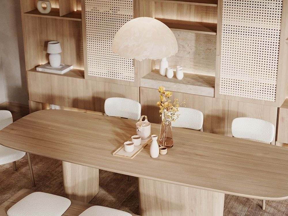 Phòng ăn nhà phố nhỏ thiết kế Nhật Bản với bộ bàn ăn tông màu trung tính