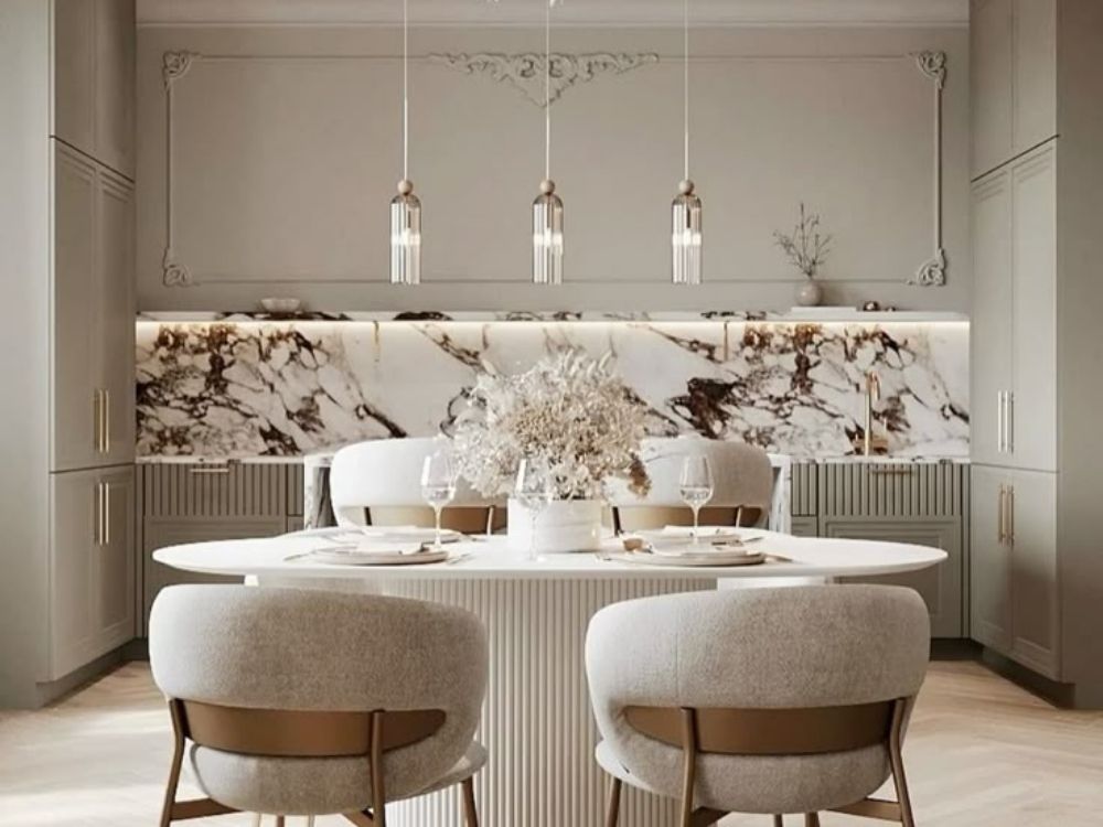 Phòng ăn phong cách Tân cổ điển với mặt bàn đá hoa cương