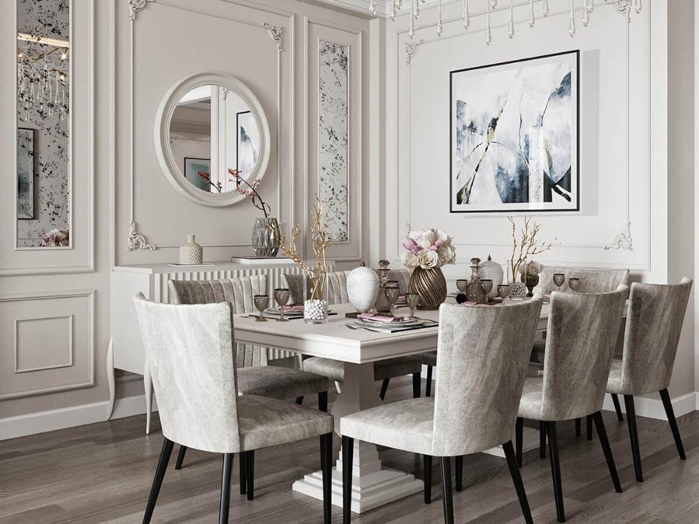 Phòng ăn phong cách tân cổ điển tông màu trắng xám sang trọng