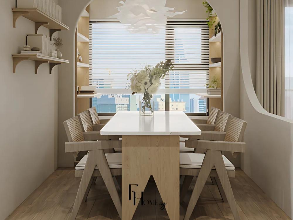 Phòng ăn phong cách wabi sabi với bộ bàn ăn gỗ sồi